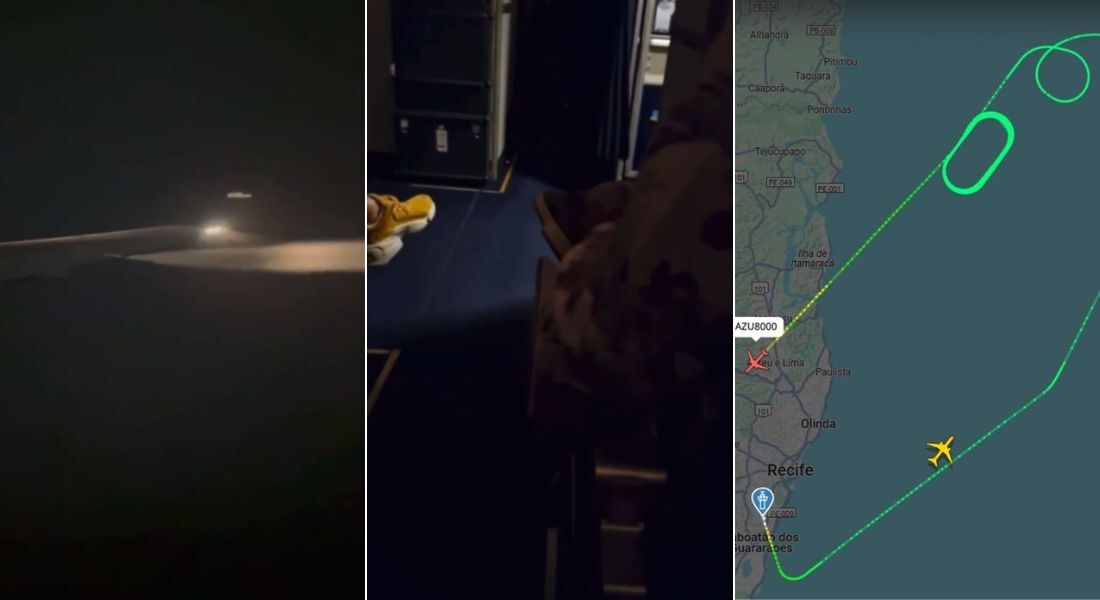 Imagens que circulam nas redes sociais mostram quando o Boeing 767-300 libera um forte jato de uma das asas do avião