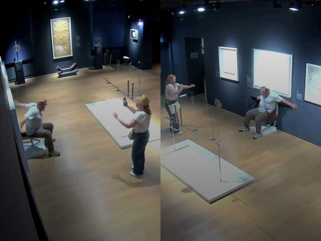 Um vídeo extraído de uma filmagem de CFTV divulgada pelo museu Palazzo Maffei em 16 de junho de 2025 mostra dois turistas quebrando uma cadeira coberta de cristal enquanto tiravam fotos e depois fugiam.