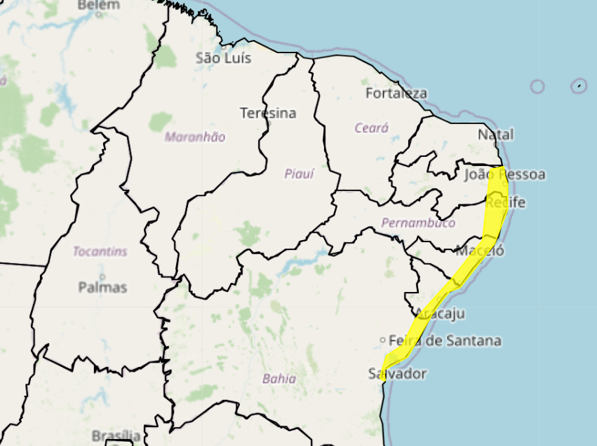 Comunicado de acumulado de chuva, de "perigo potencial", indica precipitações na Região Metropolitana do Recife, Zona da Mata e Agreste pernambucano