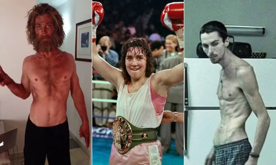 Chris Hemsworth em 'No coração do mar' (2015); Sydney Sweeney como Christy Martin; Christian Bale em 'O operário' (2004) 
