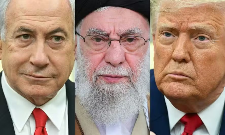 O premier de Israel, Benjamin Netanyahu (esq.), o aiatolá Ali Khamenei e o presidente do EUA, Donald Trump 
