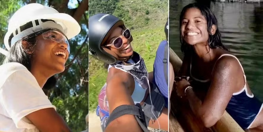 Juliana Marins em trabalho social na Teto, organização que mobiliza jovens voluntários em projetos de construção e, ao lado, em fotos da viagem pela Ásia