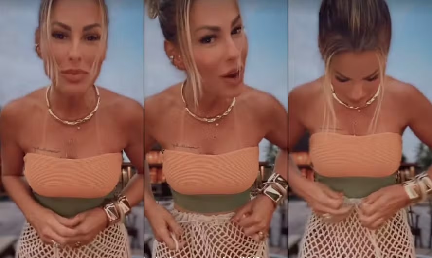 Mariana Polastreli esconde parte de baixo do maiô após 'bronca' do marido, o cantor Eduardo Costa