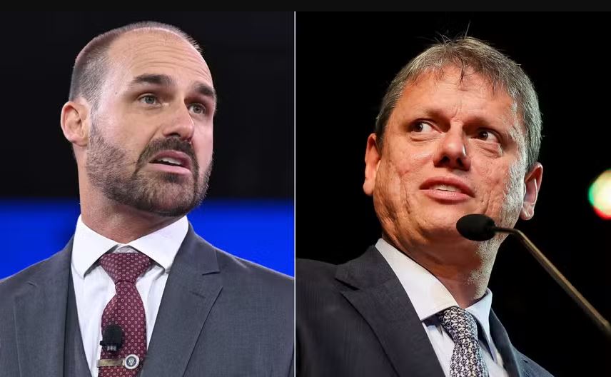 O deputado federal licenciado Eduardo Bolsonaro (PL-SP) e o governador de São Paulo, Tarcísio de Freitas (Republicanos)