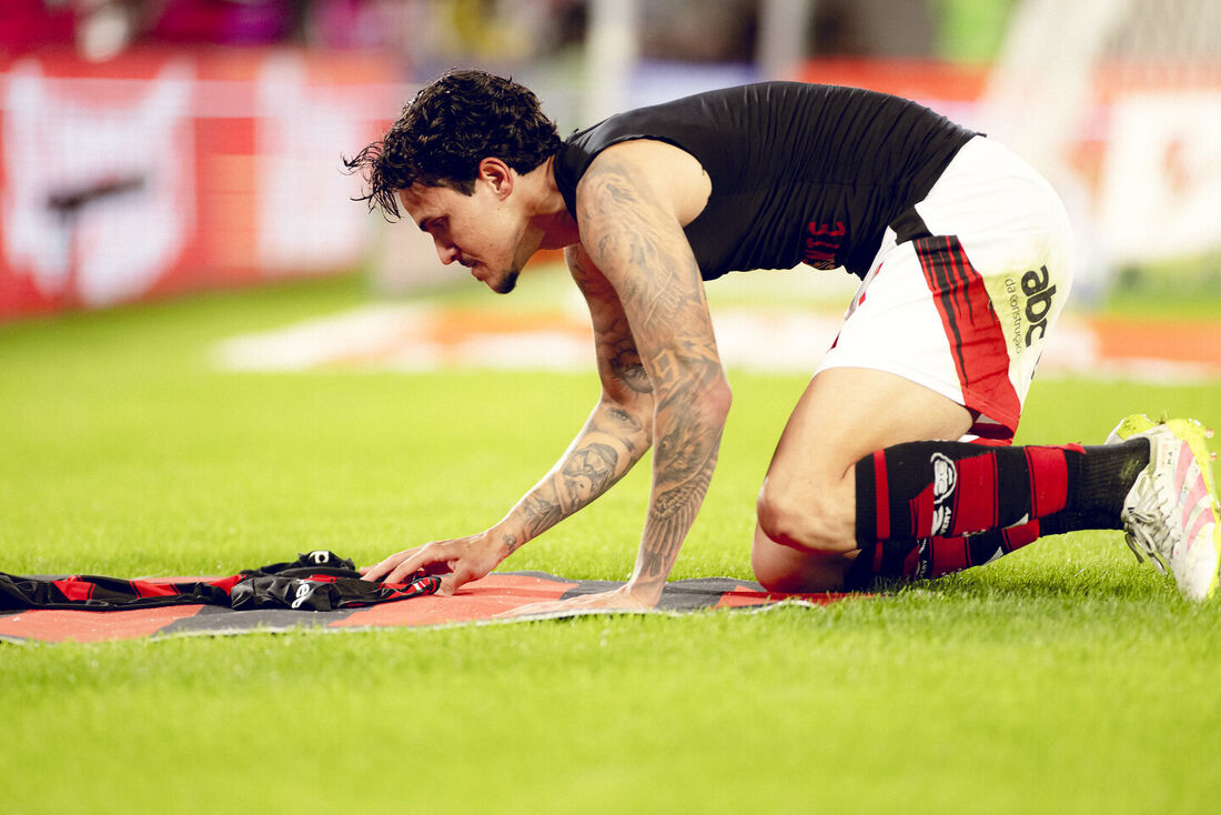 O atacante Pedro se ajoelhou e beijou o escudo do Flamengo após marcar o gol da vitória contra o Fluminense