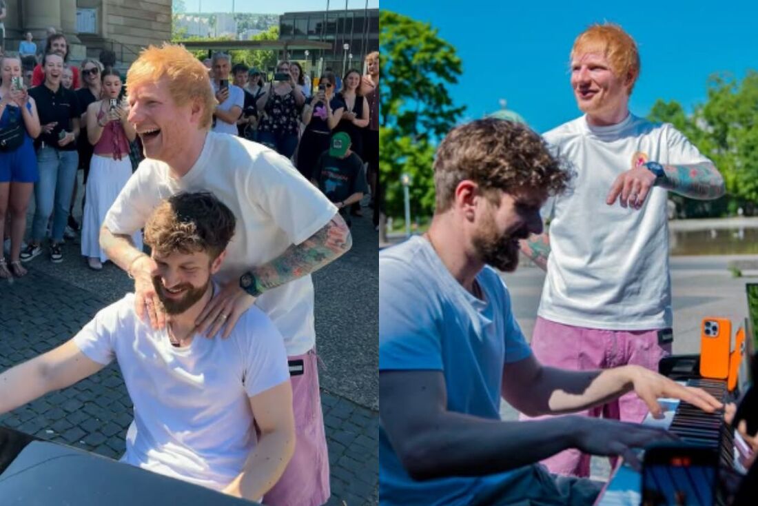 Ed Sheeran ao lado do músico Emilio Piano em um parque da Alemanha 
