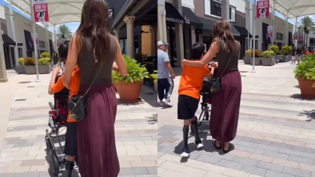 Isabella Fiorentino caminhando ao lado do seu filho