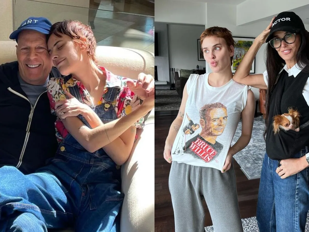 Tallulah Willis ao lado de seus pais, os atores Bruce Willis e Demi Moore
