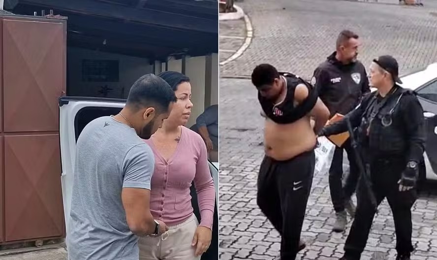 Ana Lúcia no momento em que era algemada e Gustavo, na chegada à Cidade da Polícia