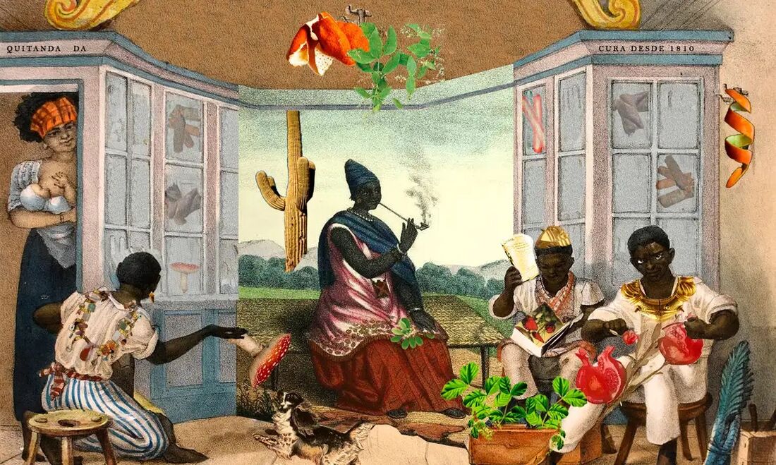 Atualizações traumáticas de Debret  Loja de ervas 1810 vendas de tabaco e especiarias como chá, raízes, sementes, plantas. Rainha Ndatté Yalla passa pros filhos e sobrinhos sua experiência de curandeira no estudo das folhas (2020), colagem digital. 