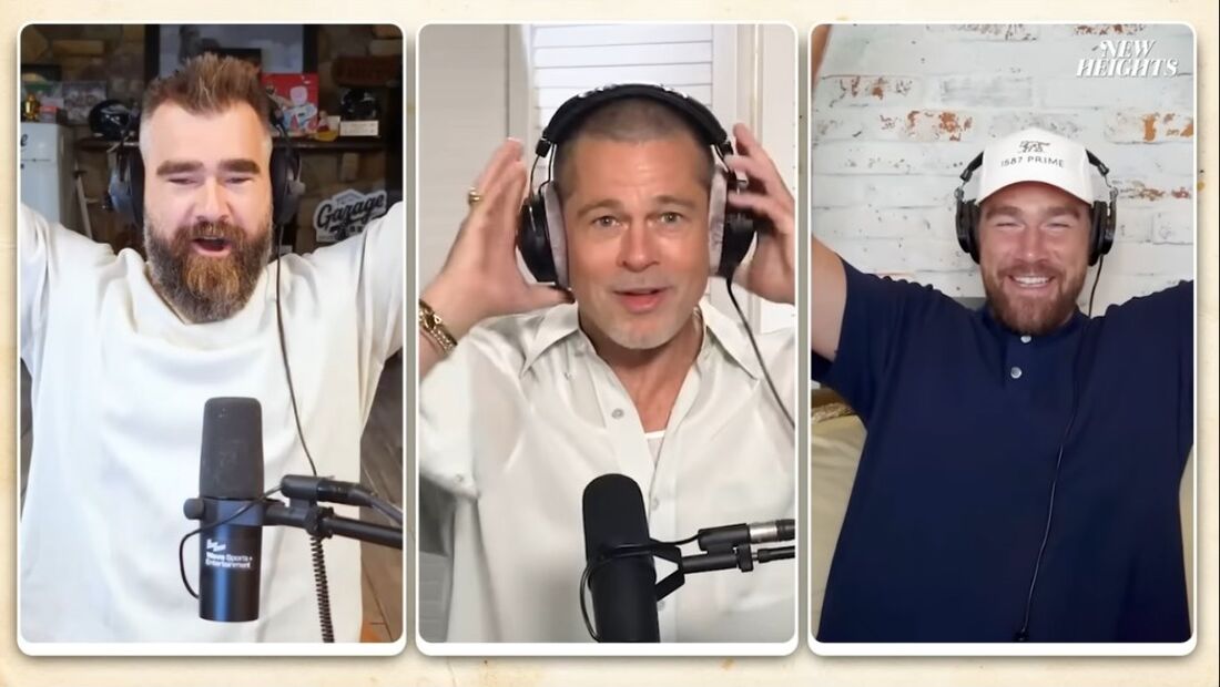 Jason Kelce, Brad Pitt e Travis Kelce no novo episódio do podcast New Heights
