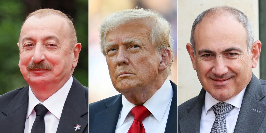Presidente do Azerbaijão, Ilham Aliyev (E), em Tirana, em 16 de maio de 2025, o presidente dos EUA, Donald Trump (C), em East Rutherford, Nova Jersey, em 13 de julho de 2025, e o primeiro-ministro da Armênia, Nikol Pashinyan (D), em Paris, em 14 de julho