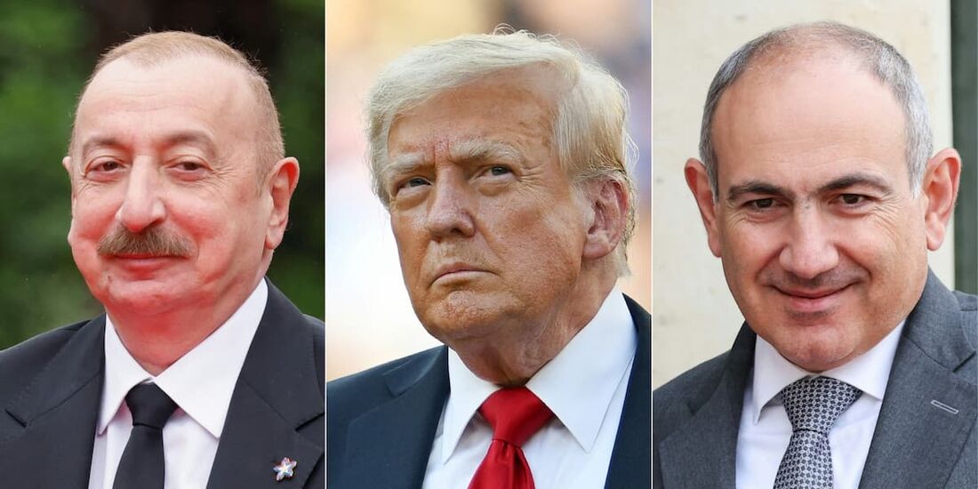 O presidente do Azerbaijão, Ilham Aliyev (E), o presidente dos EUA, Donald Trump (C), e o primeiro-ministro da Armênia, Nikol Pashinyan (D).