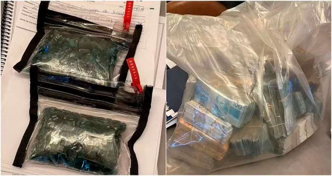 Esmeraldas e dinheiro apreendidos durante a operação do MP de São Paulo.