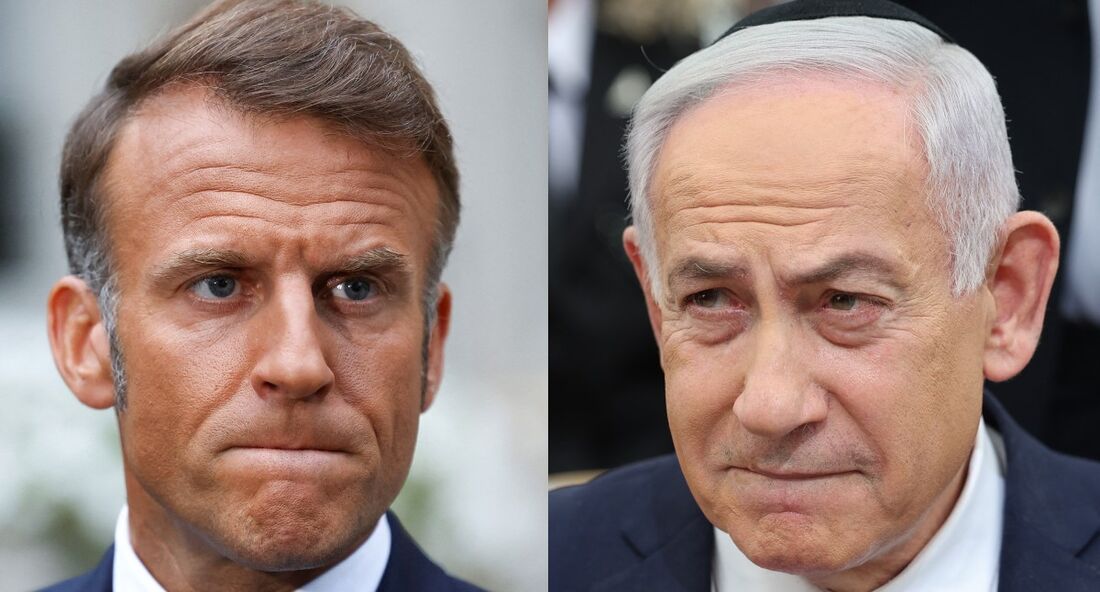 O presidente francês Emmanuel Macron, e o primeiro-ministro israelense Benjamin Netanyahu