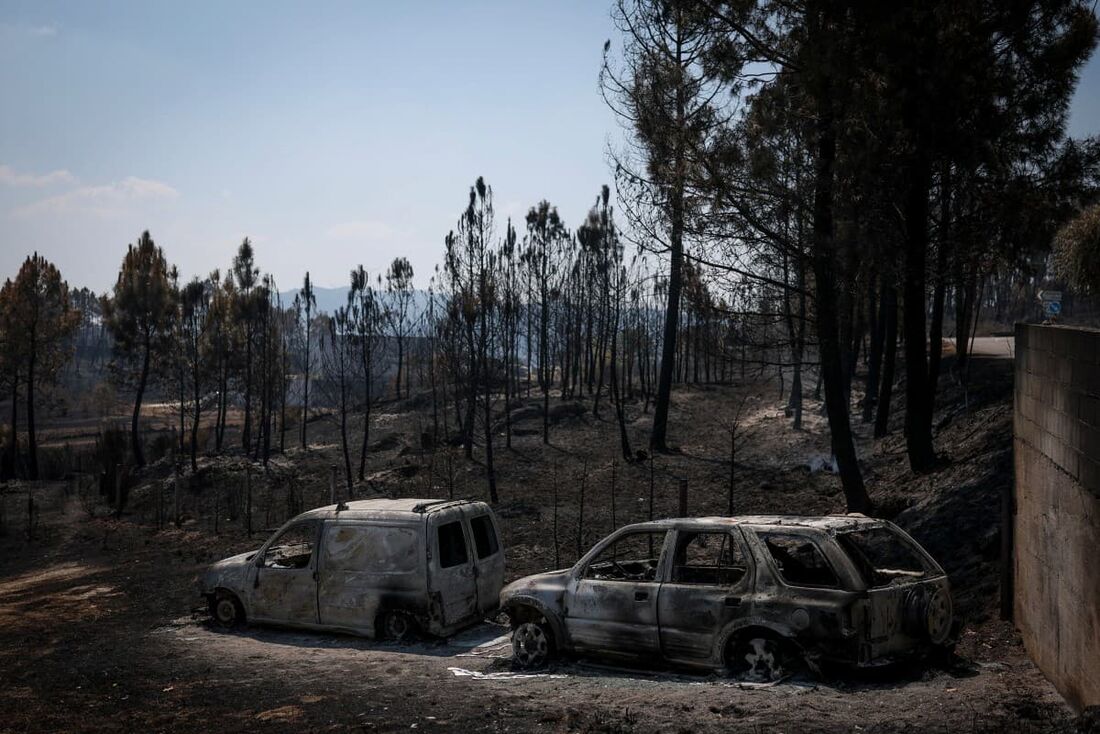 Carros queimados são fotografados durante um incêndio florestal na vila de Palhais, em Trancoso, Portugal.