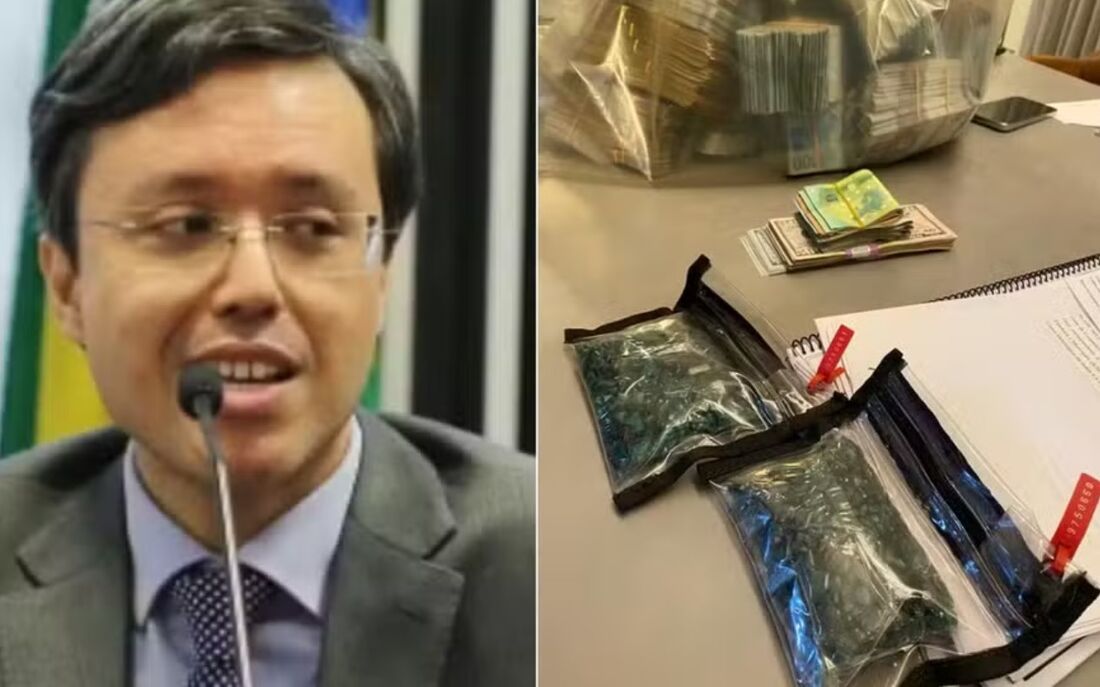 O auditor fiscal Artur Gomes da Silva Neto e sacos de esmeralda que foram apreendidos durante a Operação Ícaro