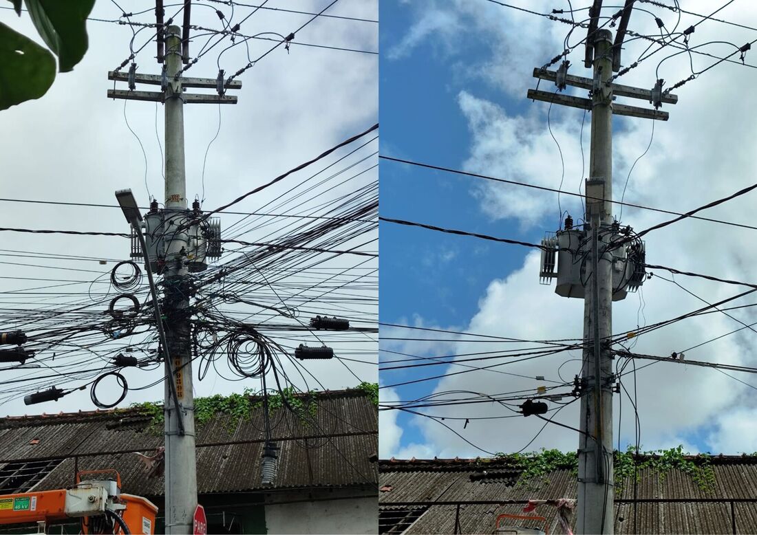 Antes e depois de poste com cabos irregulares na Rua da Mangabeira, no bairro da Mangabeira, Zona Norte do Recife