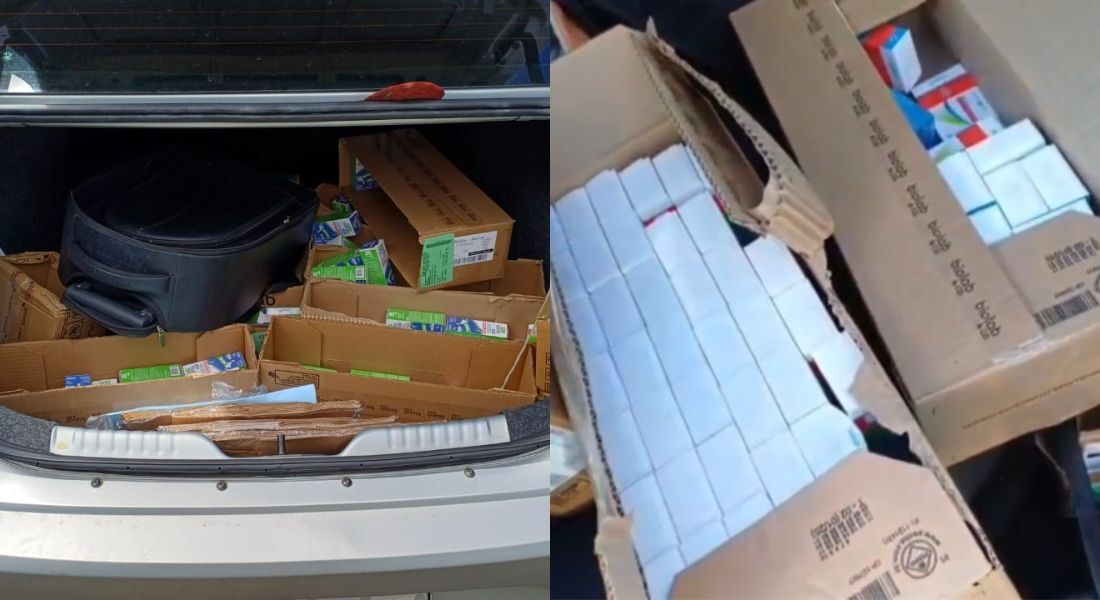 No porta-malas e no interior do veículo foram encontradas e recuperadas dezenas de caixas com diferentes tipos de remédios