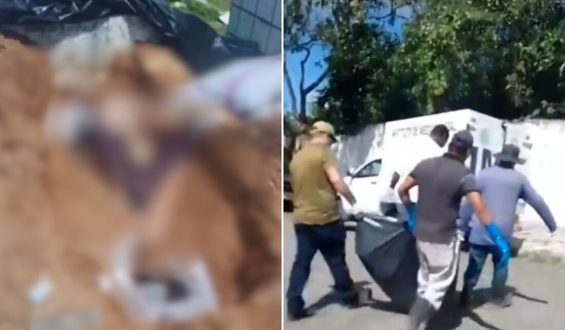 Corpo foi achado sentado em cova (esq.) e retirado por equipe do IML (dir.)