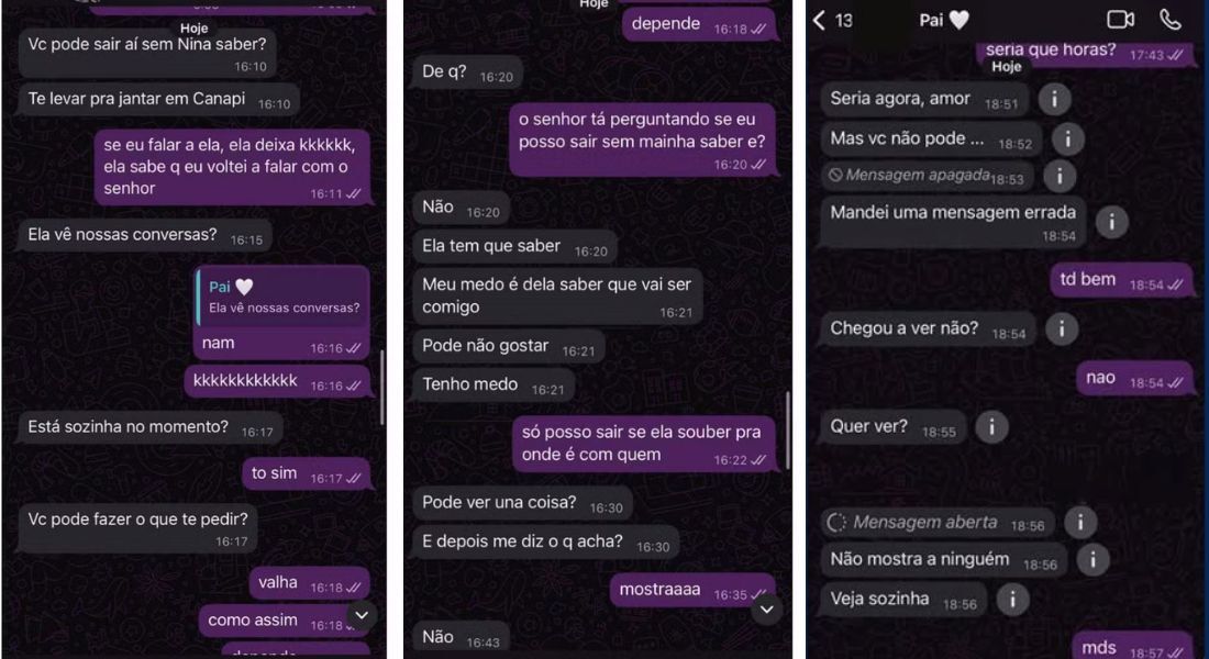 Capturas de tela da conversa mostram o momento em que o homem envia o vídeo à menina