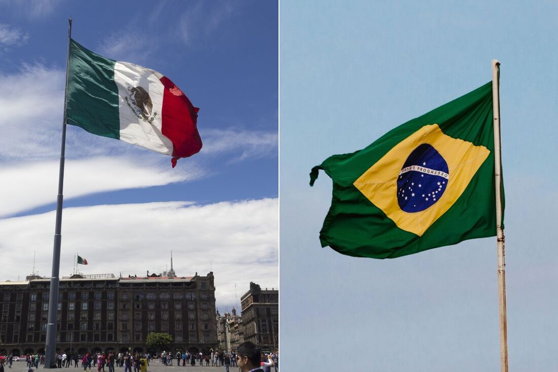 Bandeiras do México e do Brasil.