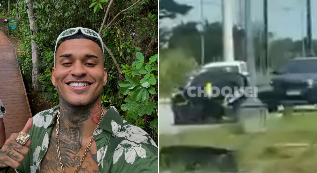 Anderson Neiff e o Porsche destruído em acidente na BR-232; cantor contou que o carro derrapou por aquaplanagem e que não estava ao volante