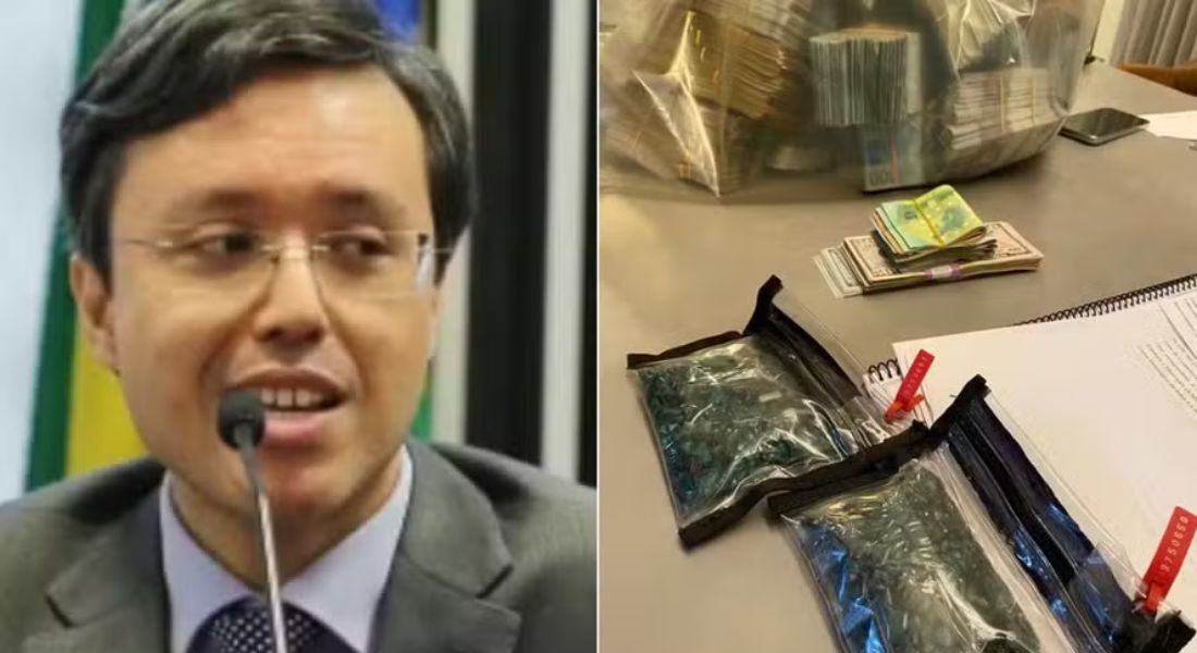 O auditor fiscal Artur Gomes da Silva Neto e sacos de esmeralda que foram apreendidos durante a Operação Ícaro