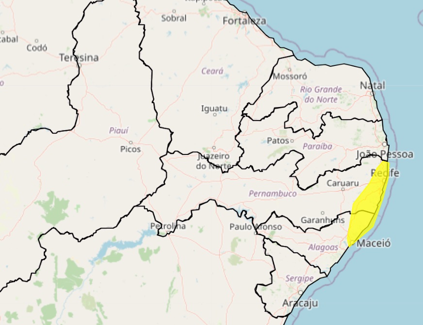 Alerta também aponta chuvas para o Leste alagoano