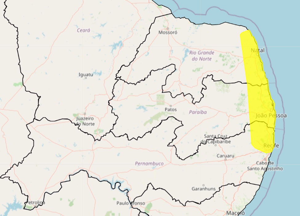 Alerta também aponta chuvas para a Mata e Agreste da Paraíba, além de Leste e Agreste potiguar