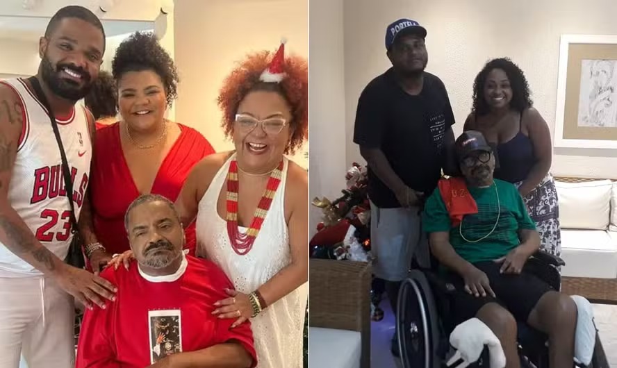 Arlindo Cruz com Arlindinho, Flora e a esposa, Babi (à dir.); sambista aparece ao lado de Kauan Felipe