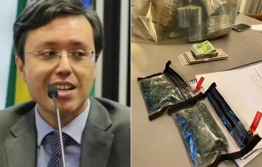 O auditor fiscal Artur Gomes da Silva Neto e sacos de esmeralda que foram apreendidos durante a Operação Ícaro.