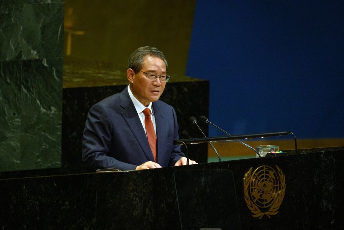 O primeiro-ministro do Conselho de Estado da República Popular da China, Li Qiang, discursa na 80ª sessão da Assembleia Geral das Nações Unidas (AGNU)