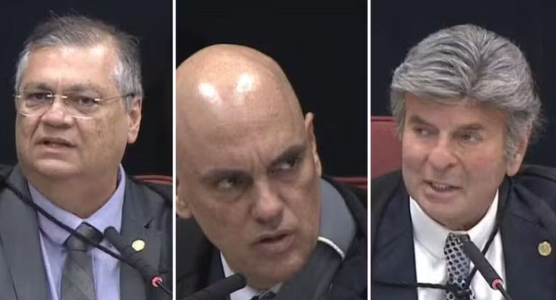 Os ministros do STF na sessão do núcleo 4 da trama golpista: Flávio Dino, Alexandre de Moraes e Luiz Fux