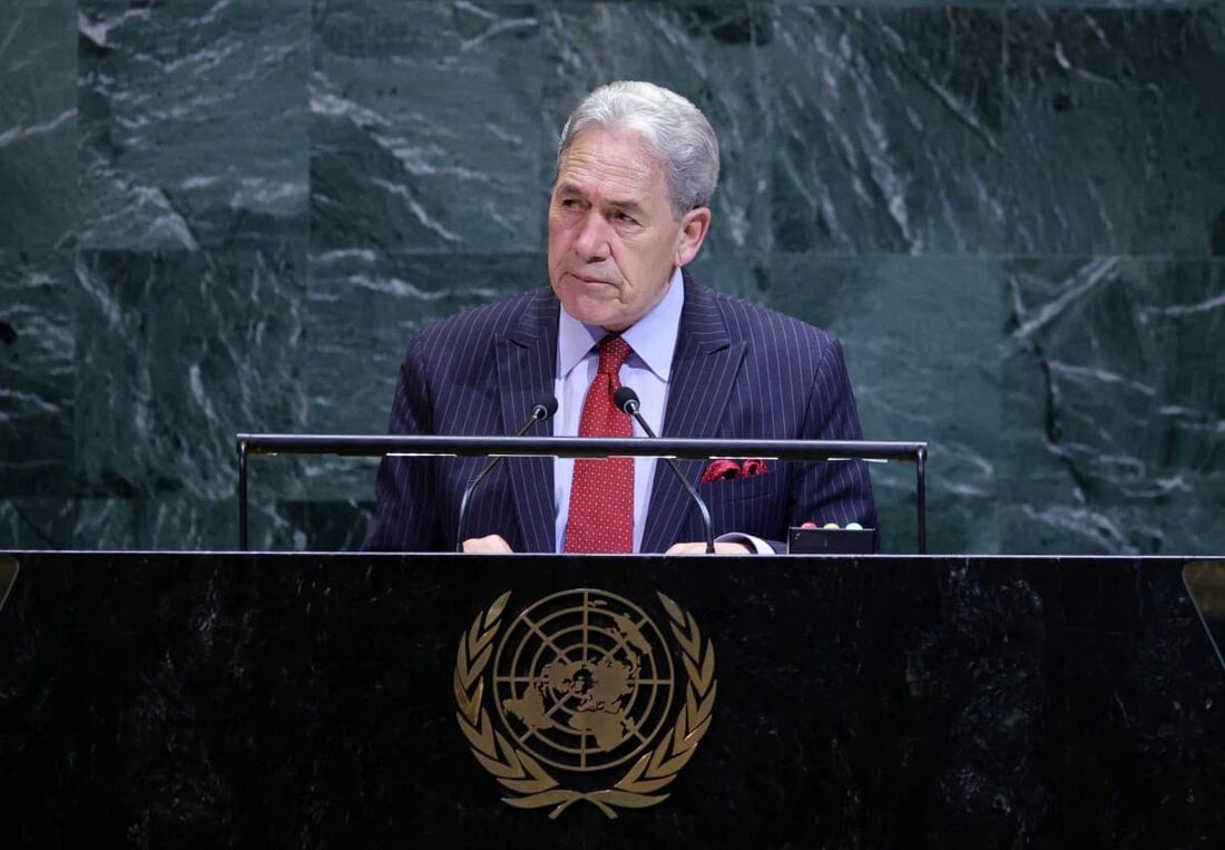 Ministro das Relações Exteriores da Nova Zelândia, Winston Peters, discursa na Assembleia Geral das Nações Unidas, na sede da ONU 