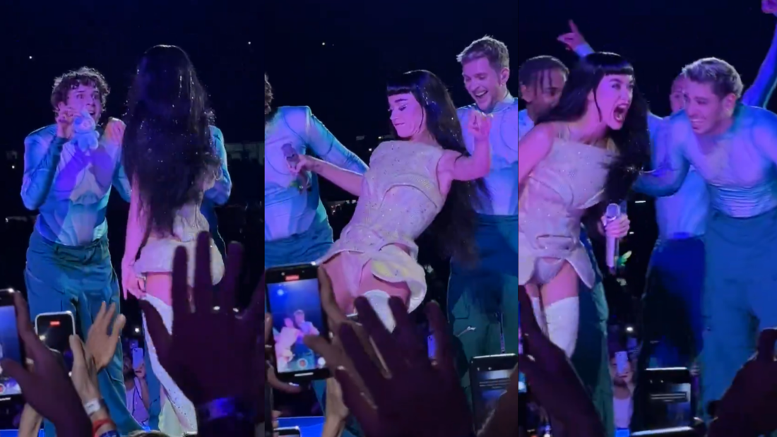 Katy Perry chuta Labubu e quase cai do palco durante show em Curitiba