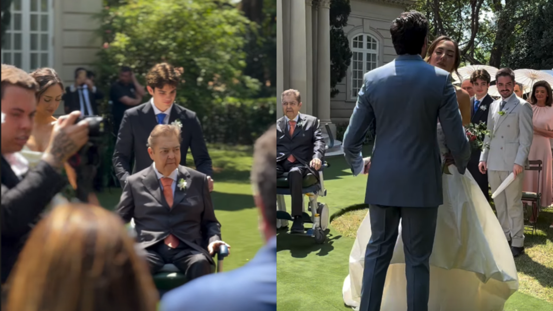 De cadeira de rodas, Faustão leva a filha até o altar, em São Paulo