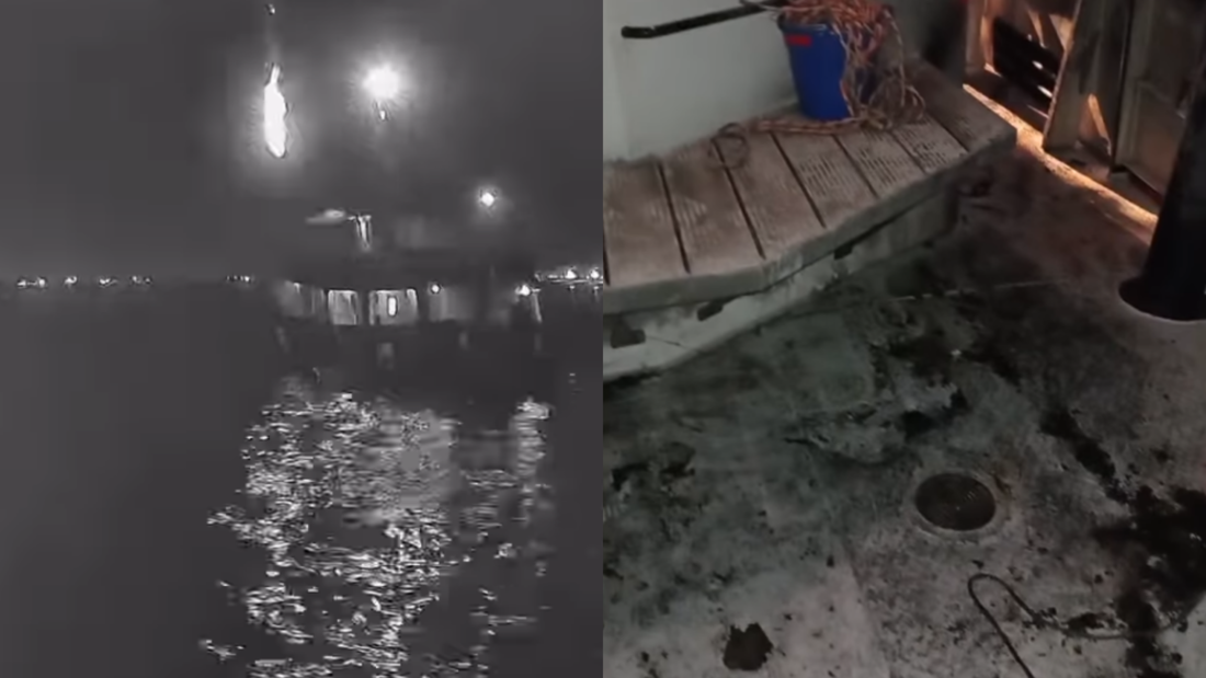 O grupo compartilhou registros do momento em que o drone atinge a embarcação e dos danos causados 