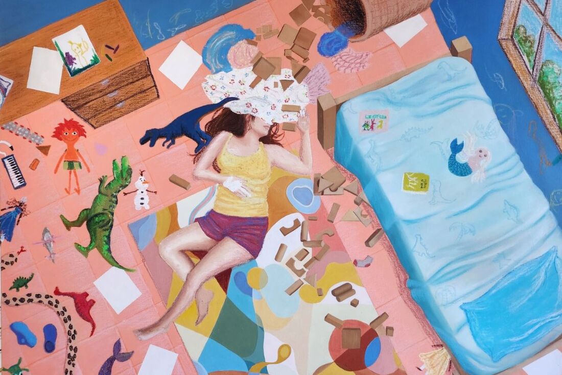 Pintura Guardei meu cansaço no cesto dos brinquedos