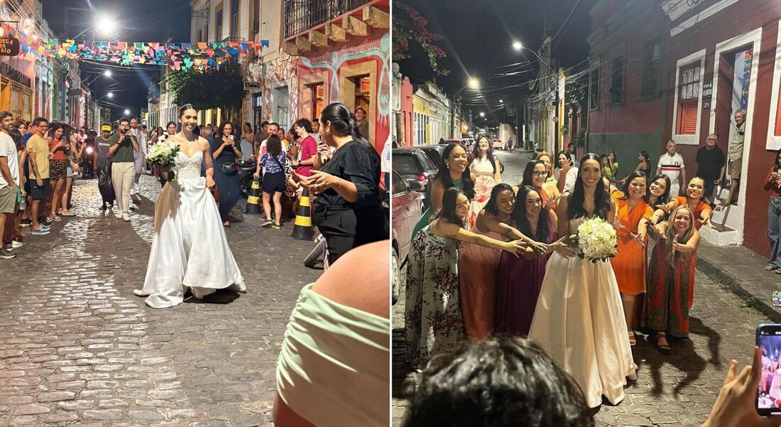Maressa Macedo usou a rua do Amparo de cenário para jogar o buquê do casamento
