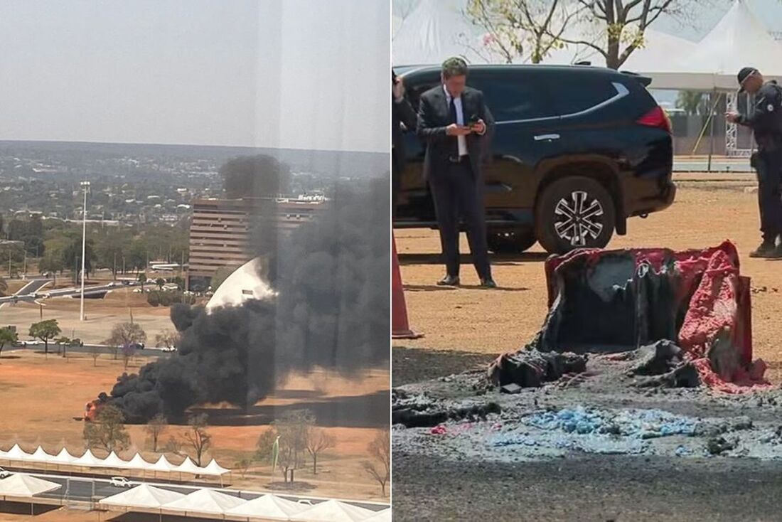 Um incêndio atingiu ao menos seis banheiros químicos que estavam no canteiro central da Esplanada dos Ministérios.