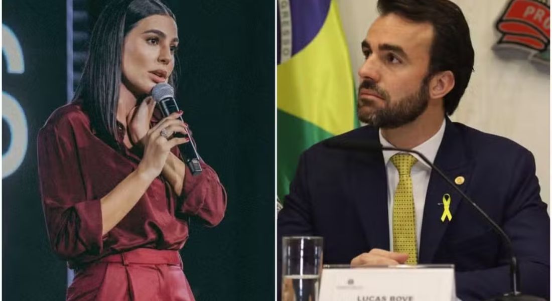 A influenciadora digital e palestrante Cíntia Chagas à esquerda; à direita, Lucas Bove (PL), deputado estadual de São Paulo
