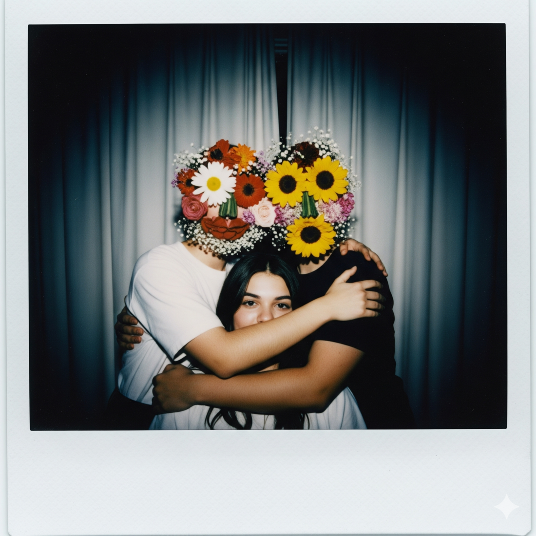 A repórter usou o prompt da matéria para pedir esta imagem, que tem rostos florais e de uma pessoa também gerada por IA