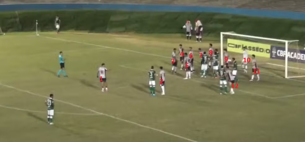 Lance em que o Guarani alega que o Anápolis ficou com 12 jogadores em campo