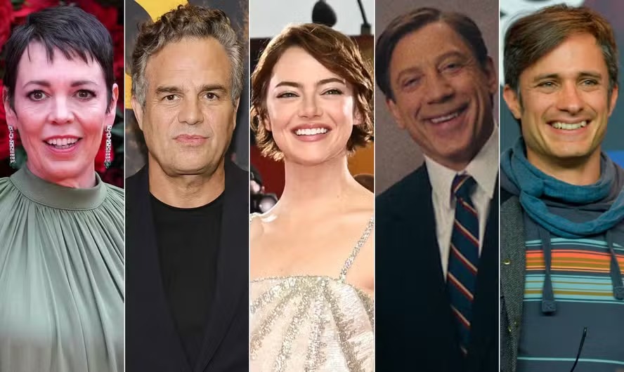 Da esquerda para a direita, Olivia Colman, Mark Ruffalo, Emma Stone, Javier Bardem e Gael García Bernal 