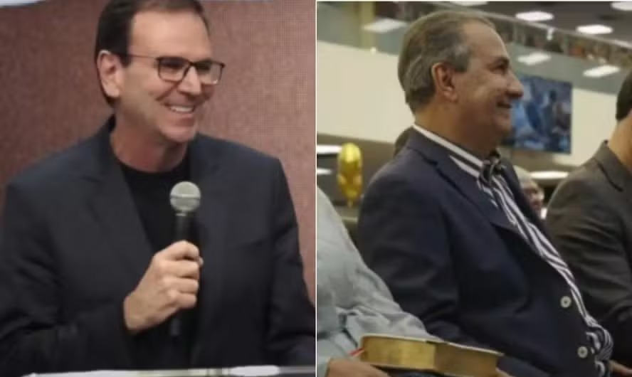 Eduardo Paes e Silas Malafaia durante culto de aniversário do pastor