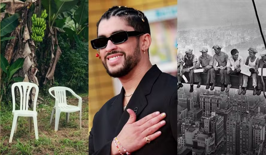 Montagem da capa do álbum, Bad Bunny e a icônica foto dos operários em em 1932
