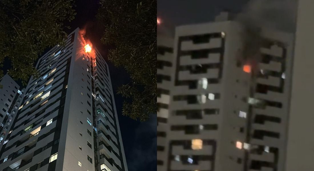 Imagens que circulam nas redes sociais mostram chamas e fumaça saindo por uma janela do imóvel