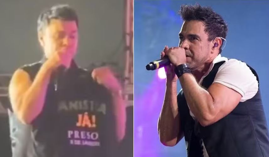 O cantor Zezé Di Camargo ergue camisa pedindo anistia para os "presos do 8 de janeiro"