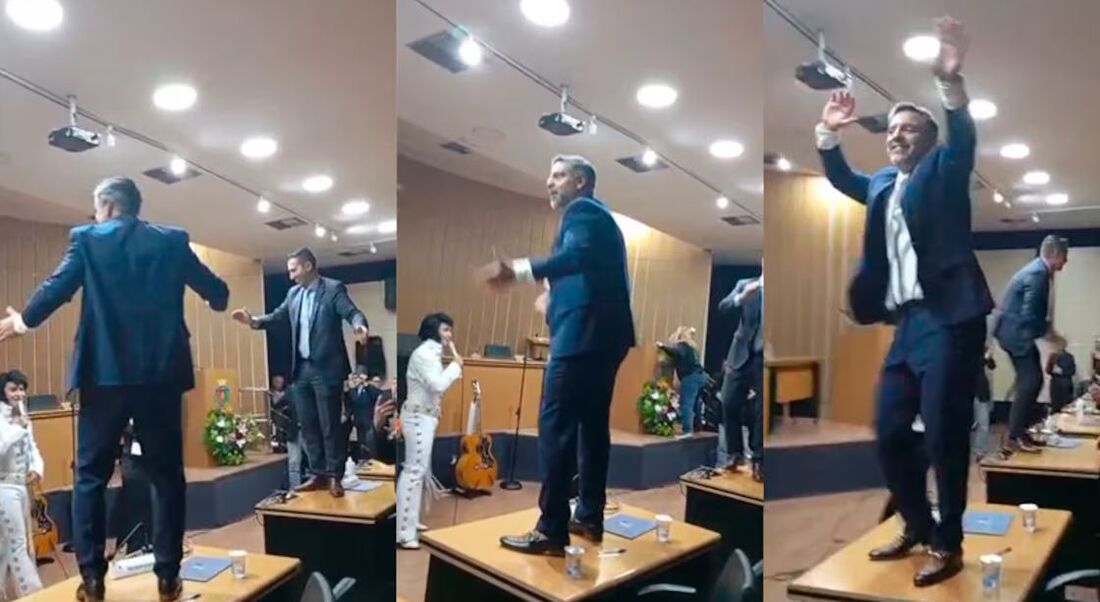 Vereadores da Grande SP são flagrados dançando em cima de mesas do plenário.
